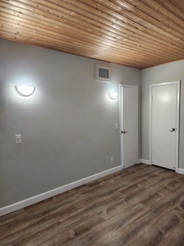 spare room featuring wooden ceiling and dark wood-type flooring