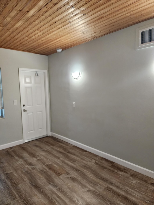 unfurnished room with dark hardwood / wood-style floors and wooden ceiling