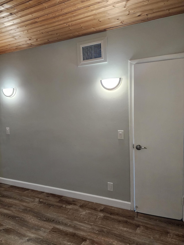 interior space featuring dark wood-type flooring and wood ceiling