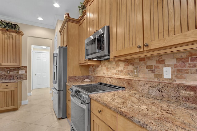 kitchen with decorative backsplash, crown molding, light stone countertops, and appliances with stainless steel finishes