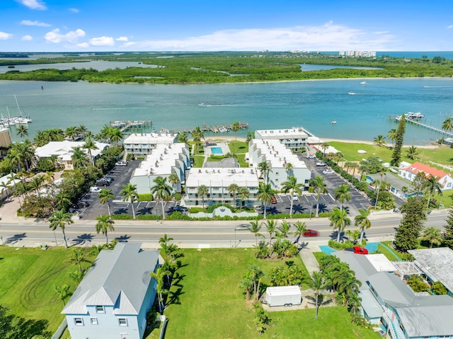 aerial view featuring a water view