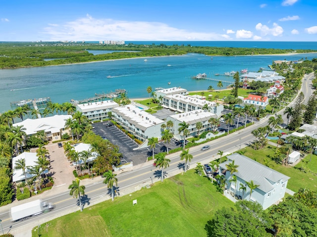 aerial view featuring a water view