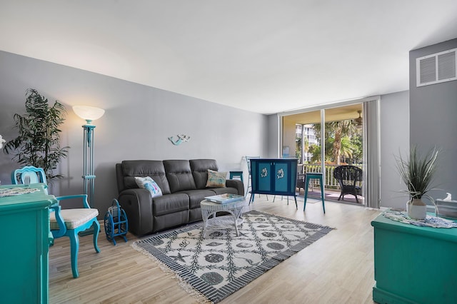 living room featuring expansive windows and light hardwood / wood-style floors