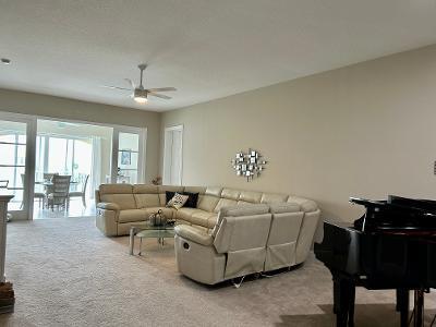 carpeted living room with ceiling fan