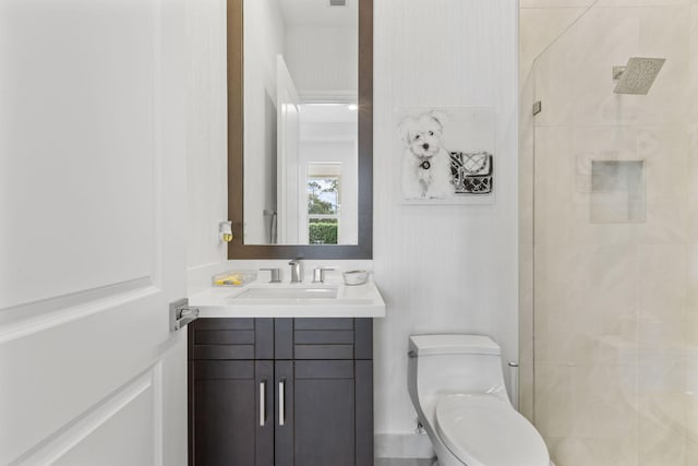 bathroom with toilet, vanity, and walk in shower