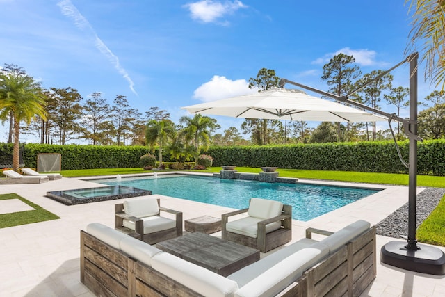 view of swimming pool featuring an outdoor living space, an in ground hot tub, and a patio