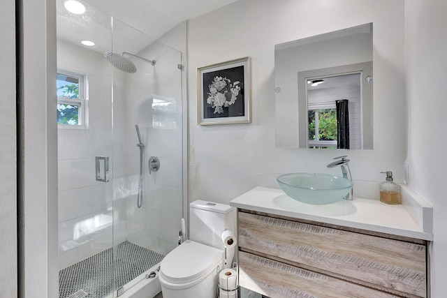 bathroom featuring vanity, toilet, a shower with shower door, and a healthy amount of sunlight