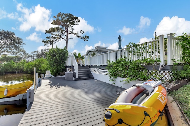 dock area with a deck with water view