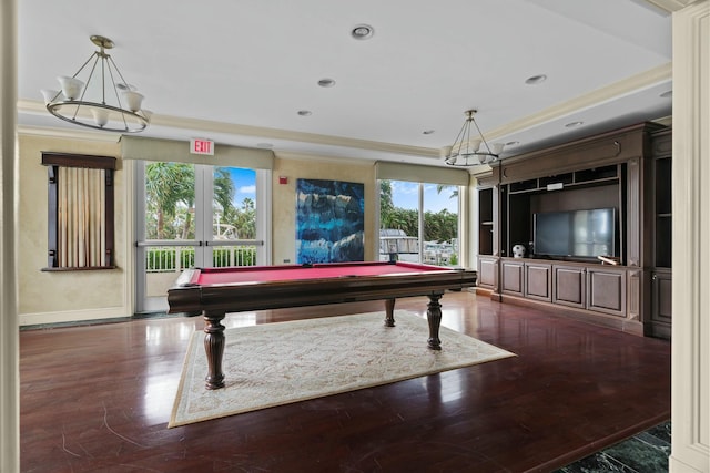 game room featuring dark wood-type flooring, a healthy amount of sunlight, french doors, and pool table