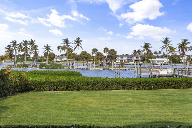 property view of water with a dock