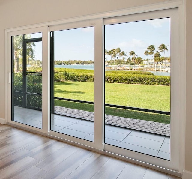 doorway to outside with a water view and light wood-type flooring