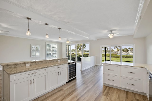 kitchen with white cabinets, a healthy amount of sunlight, hanging light fixtures, and light hardwood / wood-style flooring