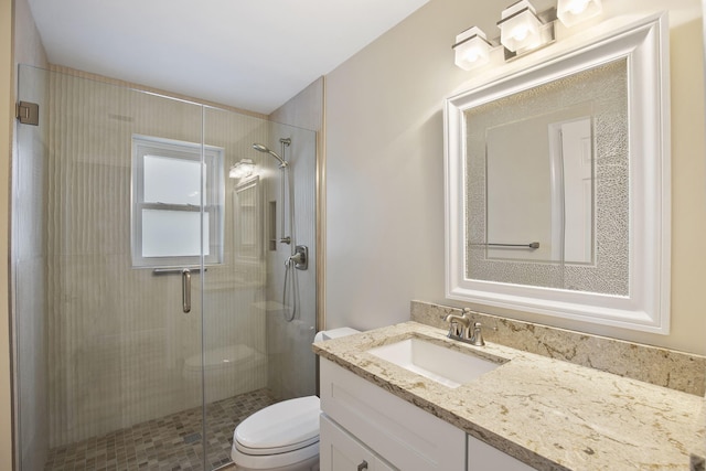 bathroom featuring vanity, toilet, and a shower with shower door