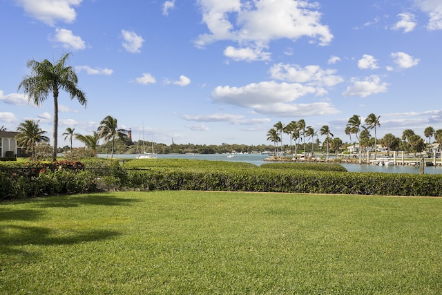 surrounding community featuring a yard and a water view