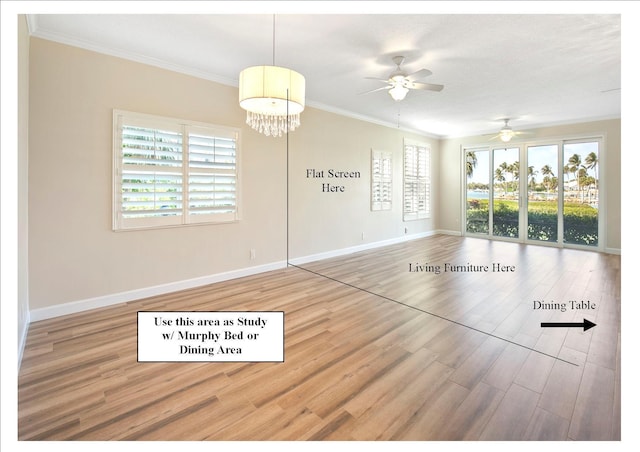 interior space featuring hardwood / wood-style floors, ceiling fan with notable chandelier, crown molding, and a wealth of natural light