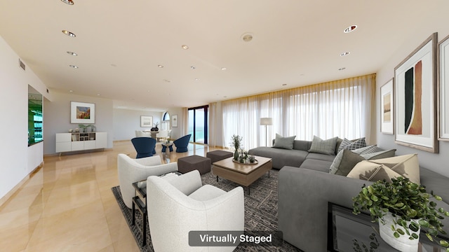 tiled living room with a wealth of natural light