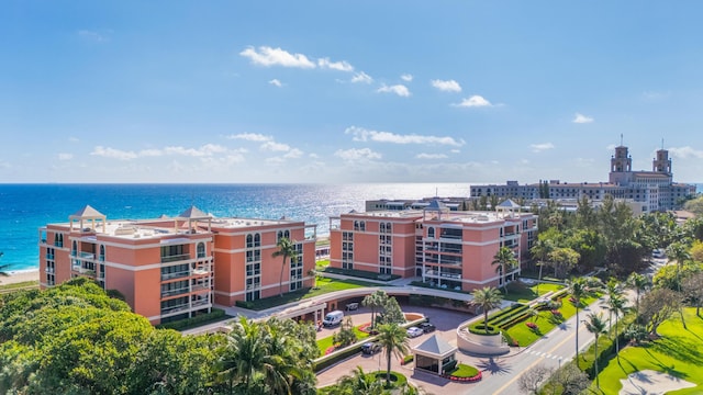 bird's eye view with a water view