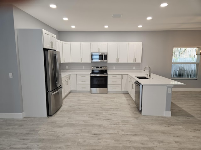 kitchen featuring kitchen peninsula, white cabinetry, sink, and stainless steel appliances