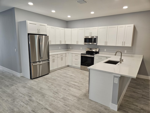 kitchen featuring kitchen peninsula, appliances with stainless steel finishes, white cabinets, and sink