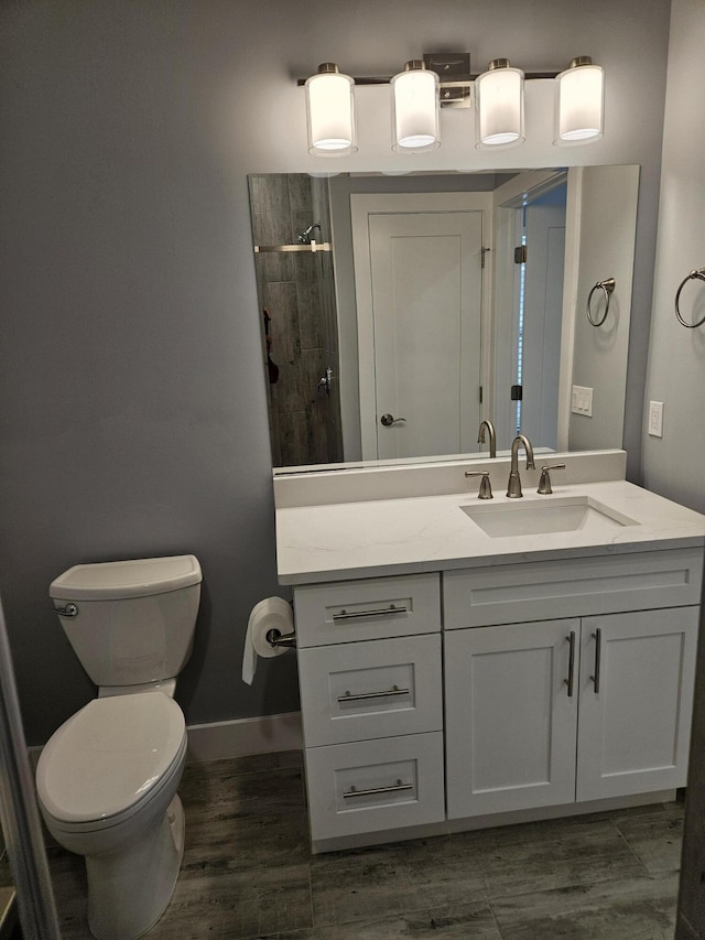 bathroom with a shower, vanity, and toilet