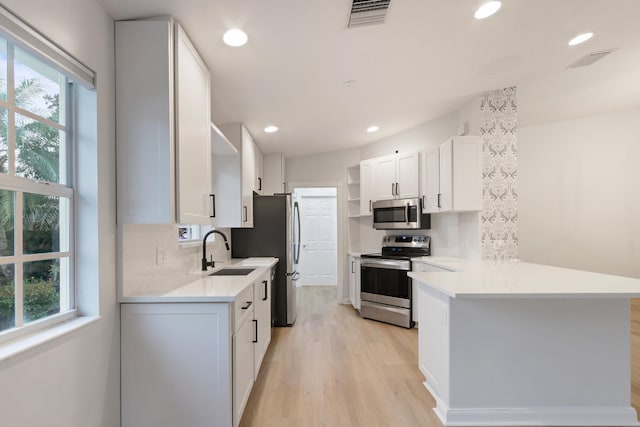 kitchen featuring sink, kitchen peninsula, appliances with stainless steel finishes, light hardwood / wood-style floors, and white cabinetry