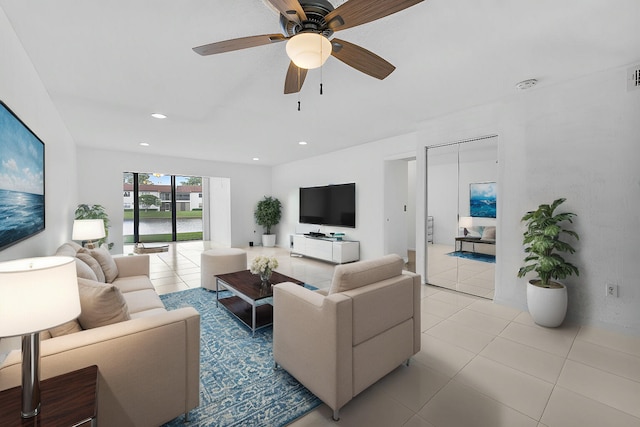 living room with ceiling fan and light tile patterned floors