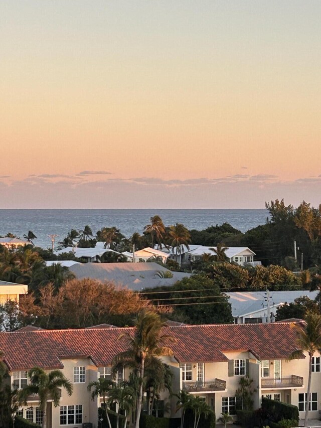 aerial view at dusk featuring a water view