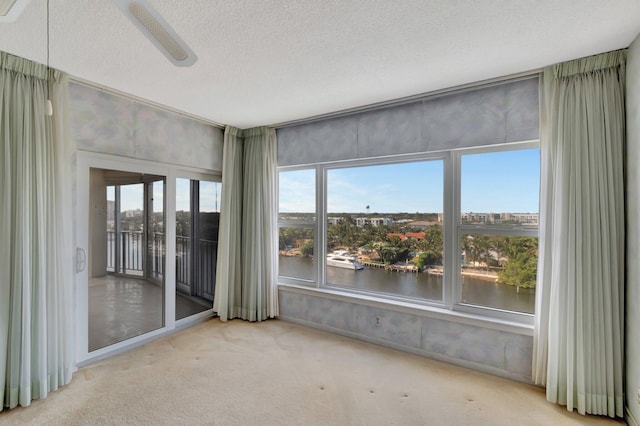 unfurnished sunroom with a water view