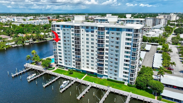 drone / aerial view with a water view