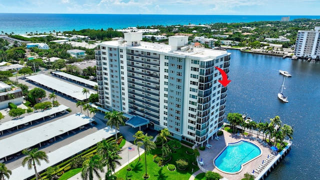 drone / aerial view featuring a water view