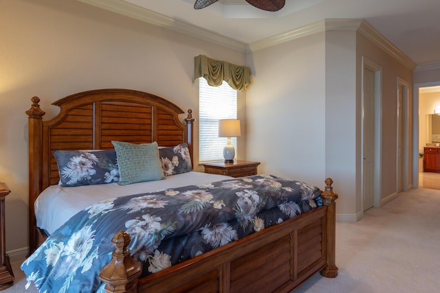 bedroom with ceiling fan, light colored carpet, and crown molding