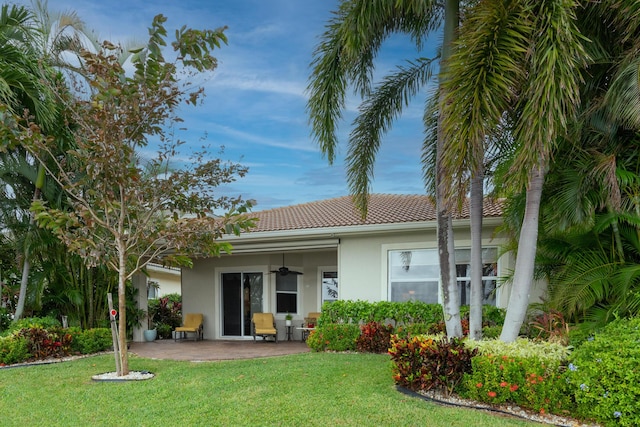 back of property with a lawn and ceiling fan