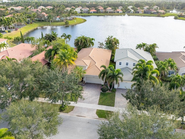 drone / aerial view with a water view