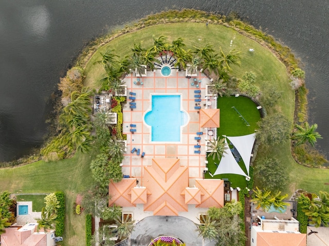 birds eye view of property featuring a water view