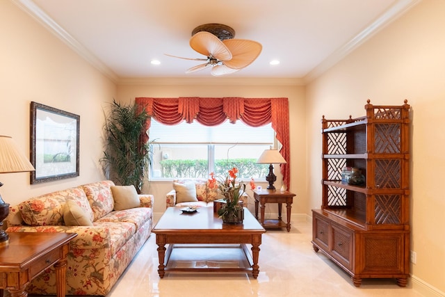 living room featuring ceiling fan and crown molding