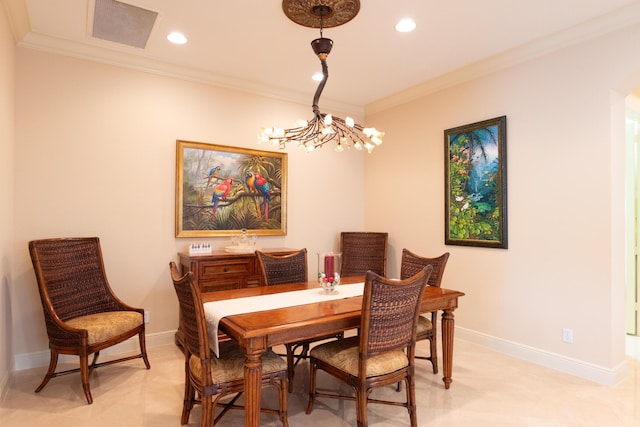 dining space featuring a chandelier and ornamental molding