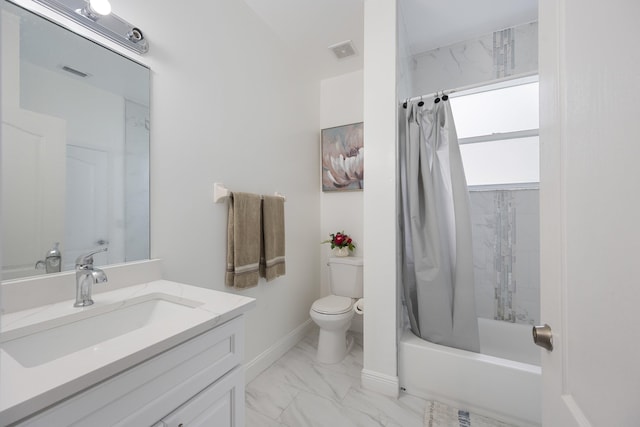 full bathroom with vanity, toilet, and shower / tub combo with curtain