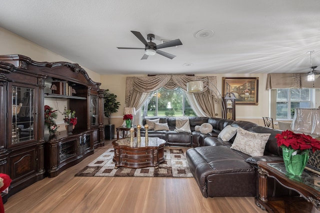 living room with wood-type flooring, a wealth of natural light, and ceiling fan