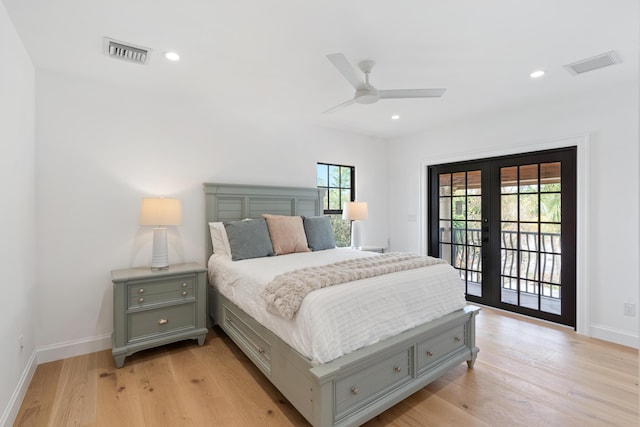 bedroom featuring ceiling fan, access to outside, french doors, and light wood-type flooring