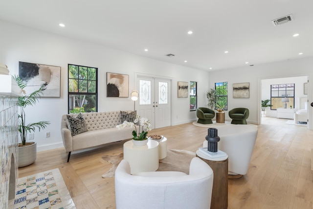 living room with light wood-type flooring, a wealth of natural light, and french doors