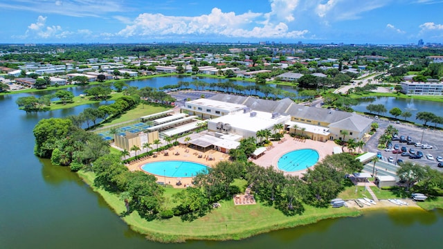 drone / aerial view with a water view