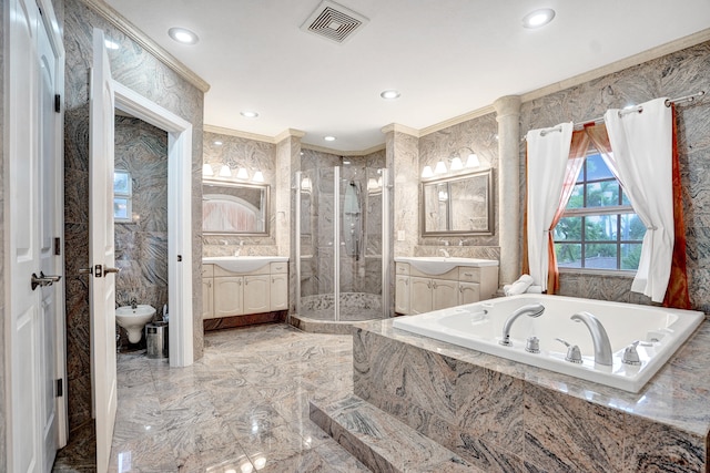 bathroom with separate shower and tub, vanity, crown molding, and a bidet