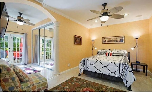 bedroom with french doors, ornamental molding, access to outside, and ceiling fan