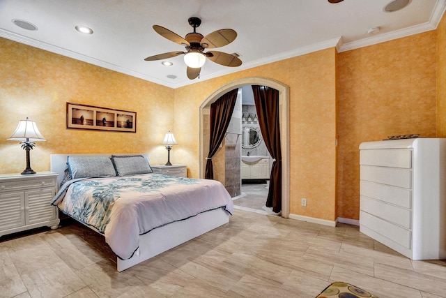 bedroom featuring ceiling fan and ornamental molding