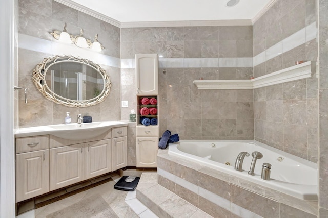 bathroom featuring ornamental molding, tile walls, vanity, and tiled tub