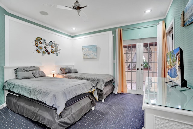 carpeted bedroom with ceiling fan, ornamental molding, french doors, and access to exterior