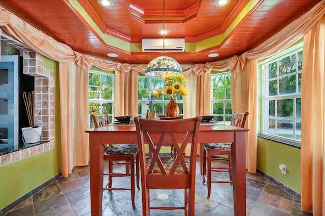 bar featuring a tray ceiling, ornamental molding, a wall unit AC, and wood ceiling