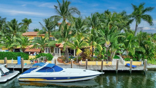 view of community featuring a water view and a boat dock