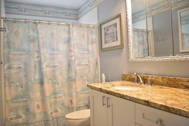 bathroom featuring vanity, toilet, and curtained shower