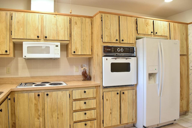 kitchen featuring tasteful backsplash, light brown cabinets, light tile patterned floors, and white appliances